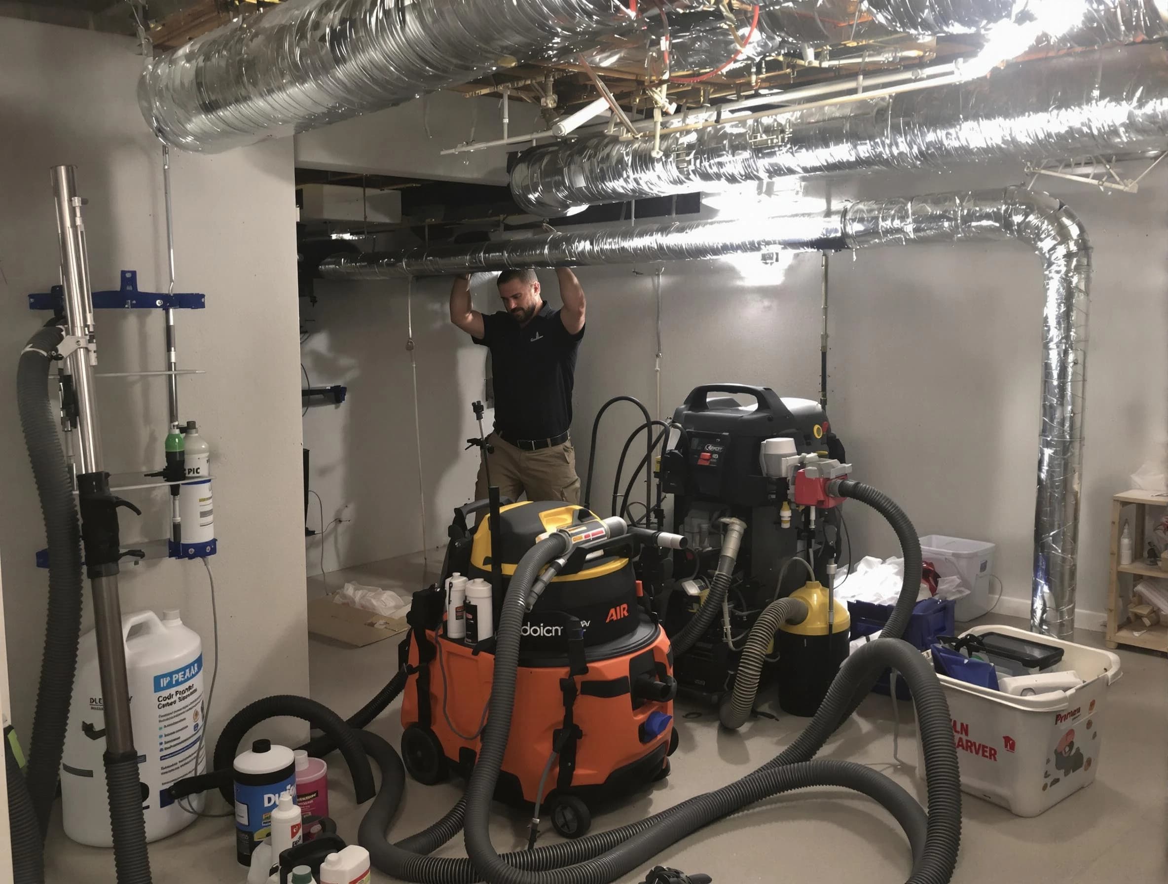 Pleasant Grove Air Duct Cleaning specialist performing professional mold removal from air ducts using safety equipment in Pleasant Grove