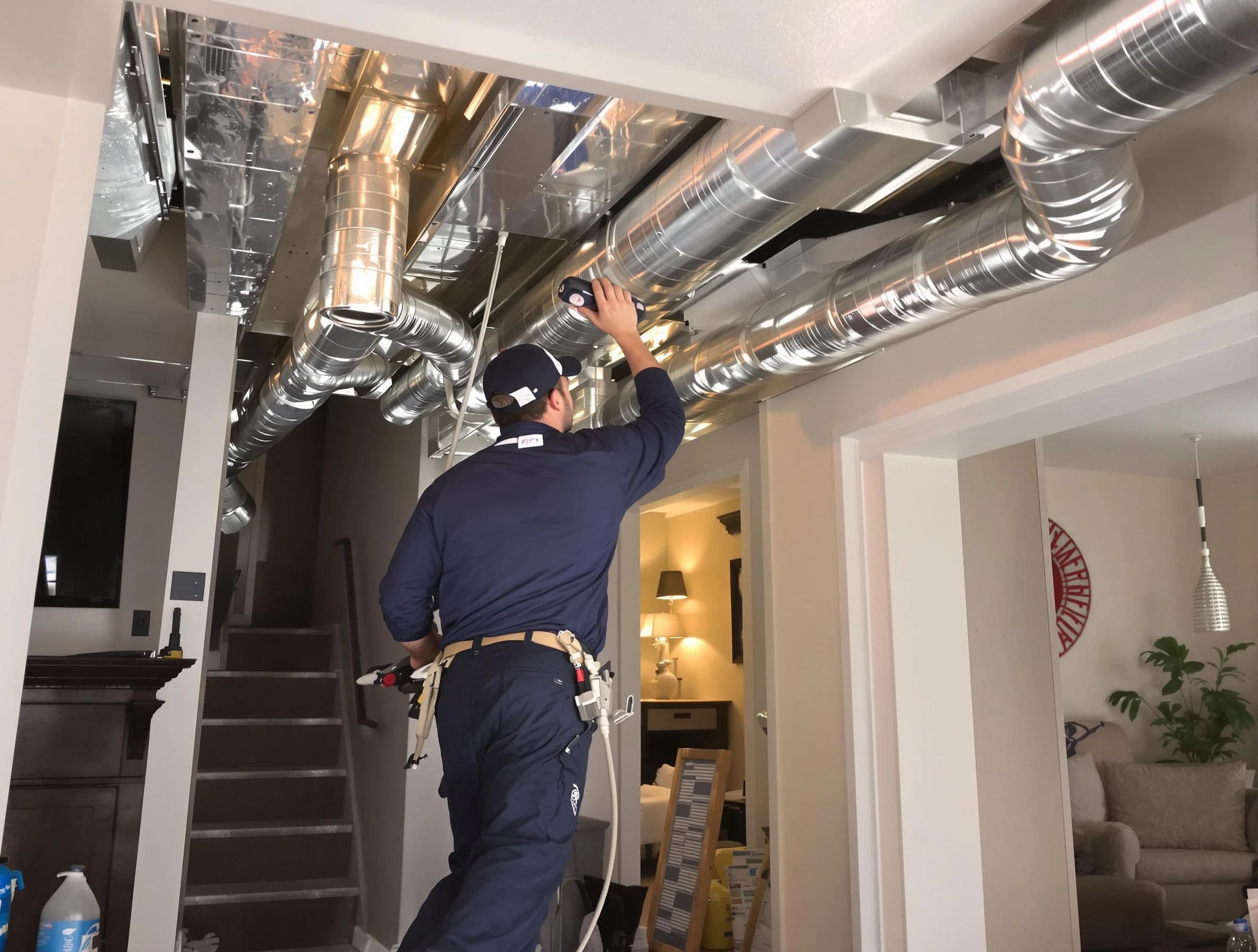 Pleasant Grove Air Duct Cleaning expert performing specialized duct cleaning in a mobile home in Pleasant Grove